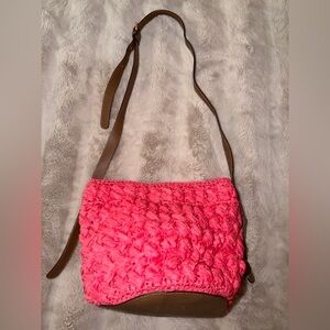 Bright Pink Woven Crossbody with Brown Strap